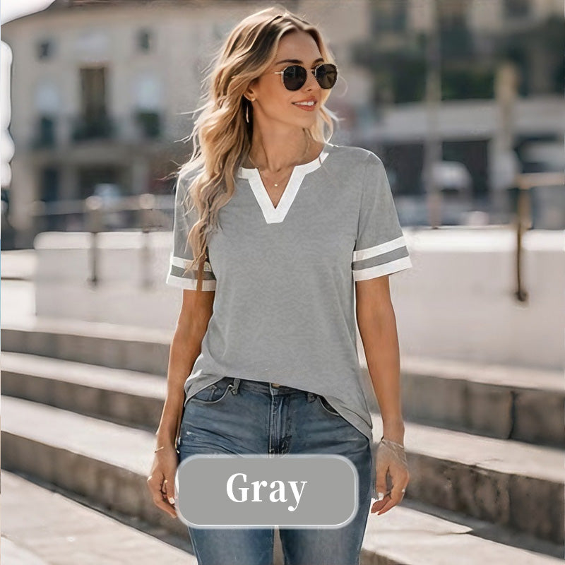 Women's V-Neck Short Sleeve Fitted Cotton Blend Striped Breathable for Daily Wear