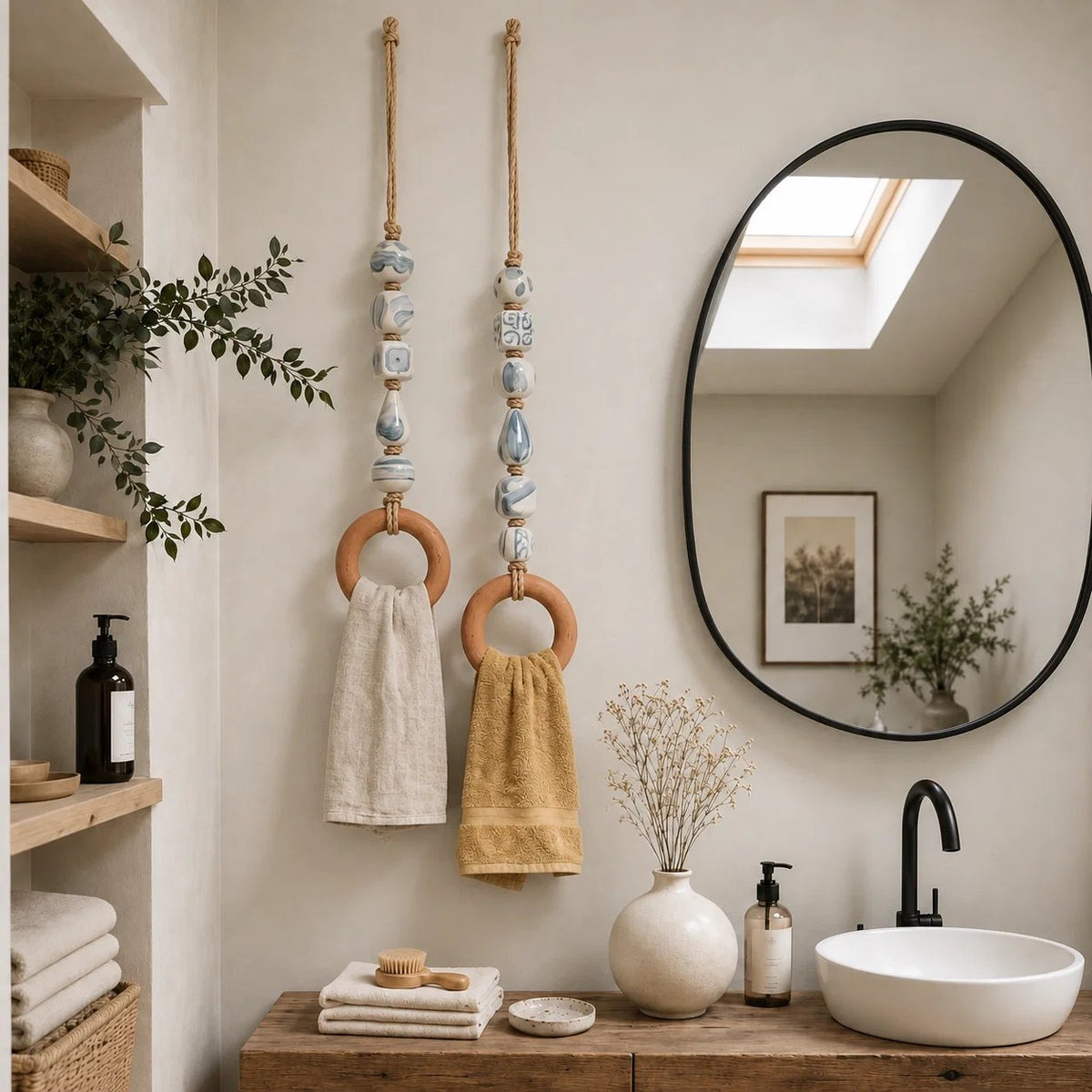 ✨ Decorative Beaded Towel Hanger with Rustic Wooden Ring 🪵
