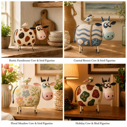 Whimsical Cow & Bird Folk Art Figurine
