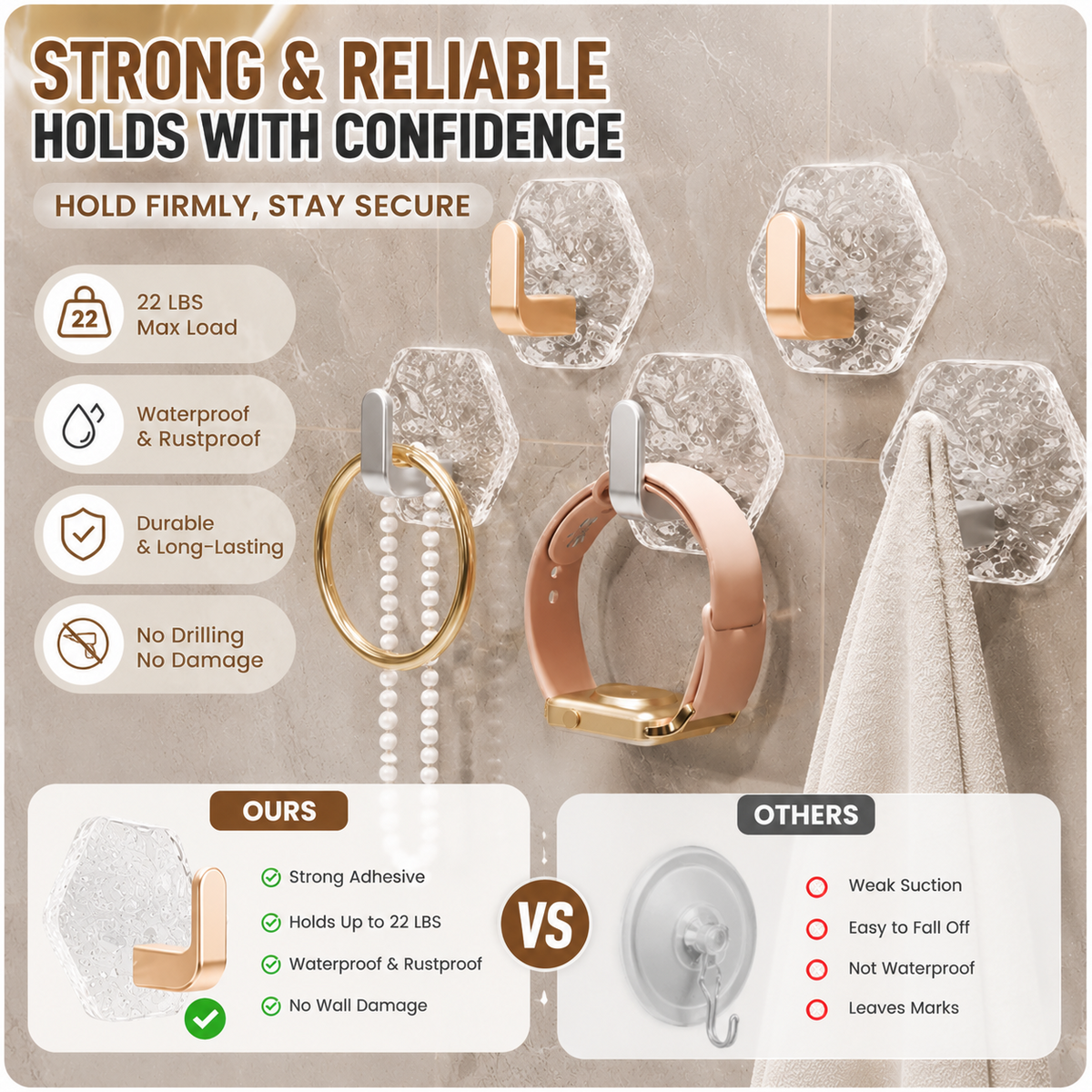 ✨Day Sale 50% OFF✨10 Pack Hexagonal Adhesive Wall Hooks – Waterproof Heavy Duty Hooks