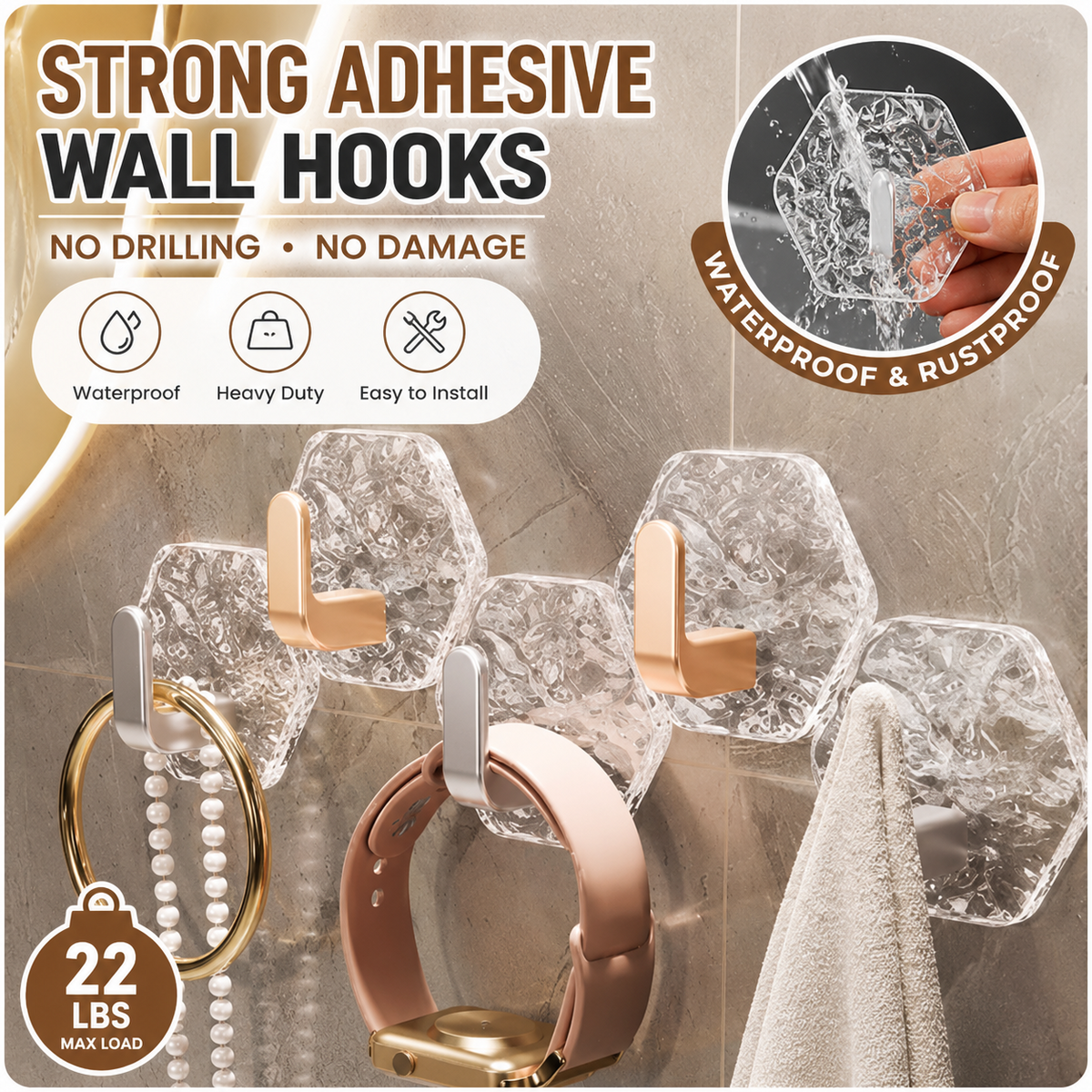 ✨Day Sale 50% OFF✨10 Pack Hexagonal Adhesive Wall Hooks – Waterproof Heavy Duty Hooks