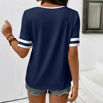 Women's V-Neck Short Sleeve Fitted Cotton Blend Striped Breathable for Daily Wear