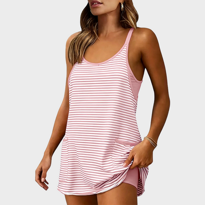 Women's Summer U Neck Sleeveless Striped Mini Dress with Built-in Shorts