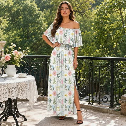 Plus Size Off Shoulder Split Maxi Dress with Ruffle and Pockets