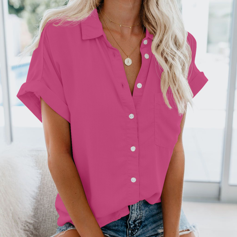 Women's Short Sleeve V Neck Blouse Collared Button Down Casual Work Top