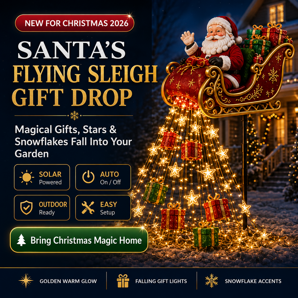 ✨🎅✨ 2026 New Santa’s Flying Sleigh Gift Cascade – Solar Christmas Garden Light