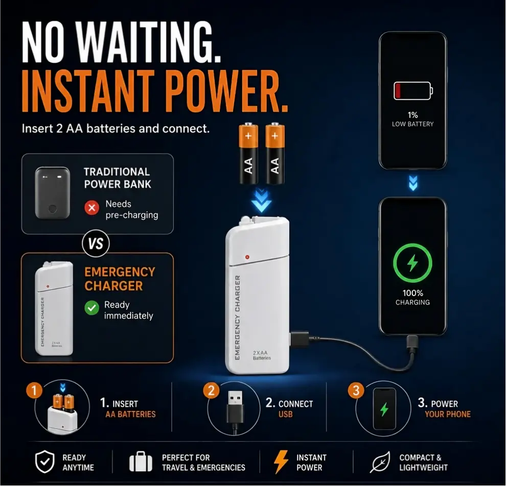 Portable Emergency Phone Charger AA Battery Powered Power Bank with LED Flashlight
