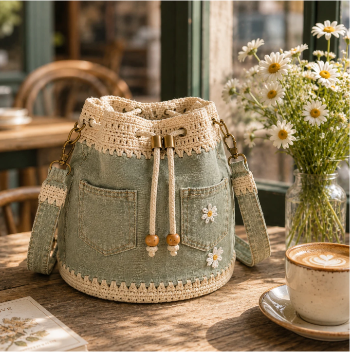 🌼✨Denim Crochet Bucket Bag