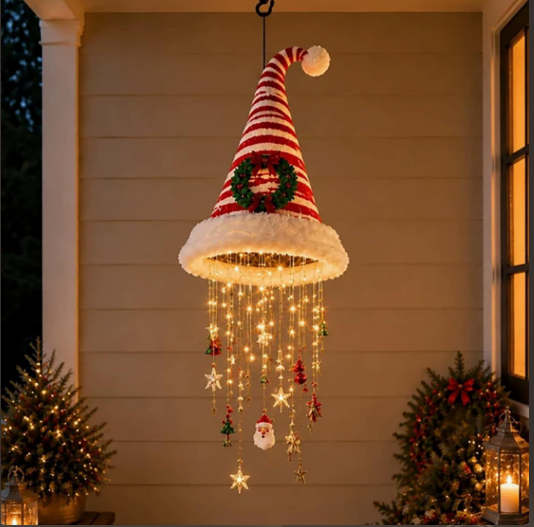 🎅 Beleuchteter Weihnachtsmannhut als Hängeleuchter 🎄 | 3 verschiedene Designs, warme LED-Lichterkette | Weihnachtsdeko für drinnen und draußen, Geschenkidee