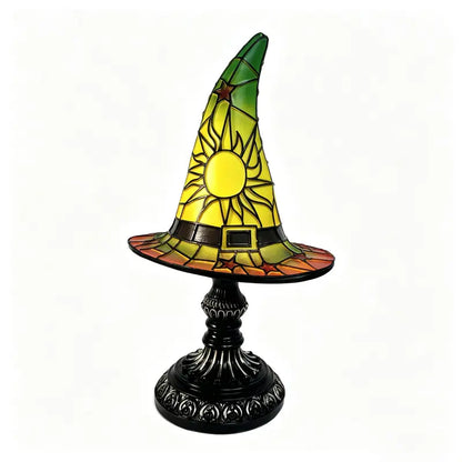 Gothic Stained Glass Style Witch Hat Lamp - Handcrafted Resin USB-Powered Nightlight, Decorative Glow Camping Lights & Lanterns for Halloween Bedroom Room Decor
