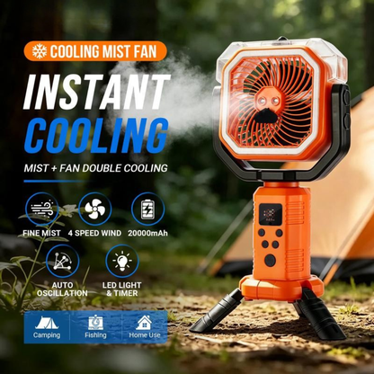 ❄️ CampMist 4-in-1 Portable Cooling Mist Fan – 20,000mAh Battery, LED Light & Power Bank