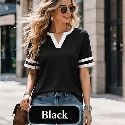 Women's V-Neck Short Sleeve Fitted Cotton Blend Striped Breathable for Daily Wear