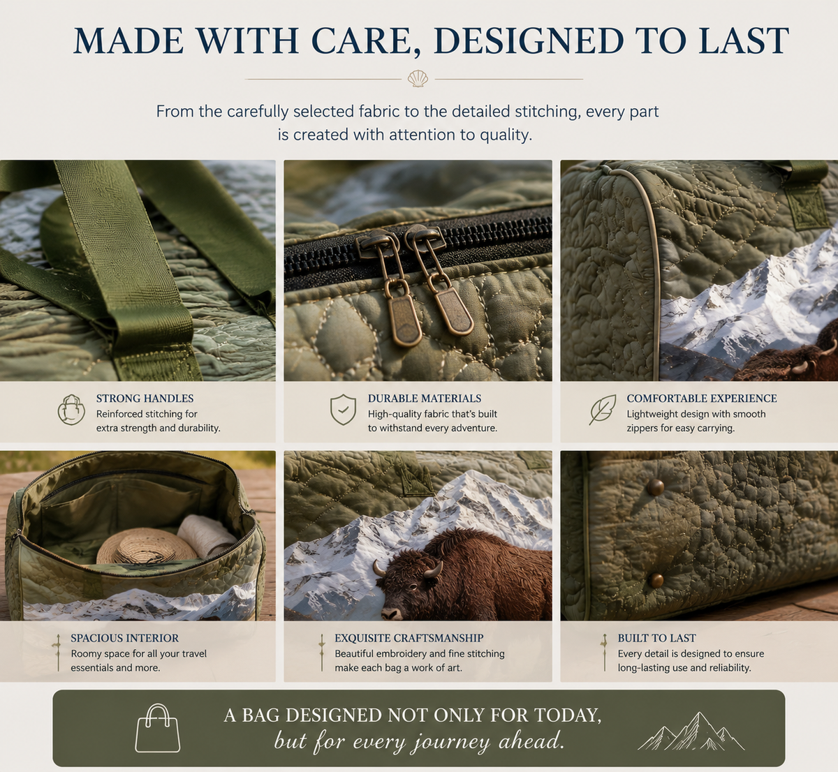 Beautifully handcrafted travel bags designed to bring art, comfort, and personality into every journey.