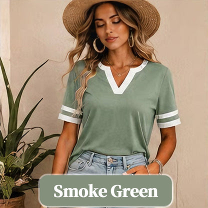 Women's V-Neck Short Sleeve Fitted Cotton Blend Striped Breathable for Daily Wear
