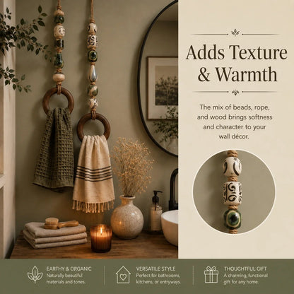 ✨ Decorative Beaded Towel Hanger with Rustic Wooden Ring 🪵