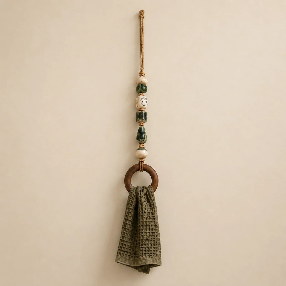 ✨ Decorative Beaded Towel Hanger with Rustic Wooden Ring 🪵