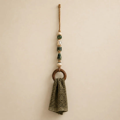 ✨ Decorative Beaded Towel Hanger with Rustic Wooden Ring 🪵