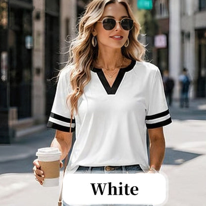 Women's V-Neck Short Sleeve Fitted Cotton Blend Striped Breathable for Daily Wear