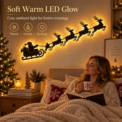 LED Christmas Santa Sleigh Wall Art, Illuminated Reindeer Silhouette Metal Sign, Warm Backlit Holiday Wall Decor