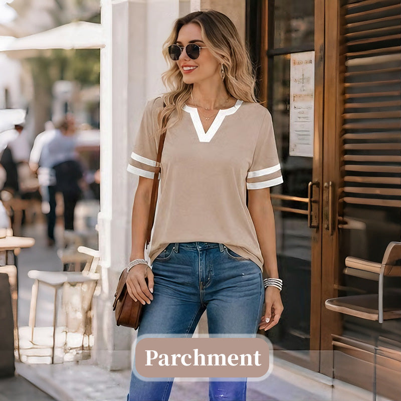 Women's V-Neck Short Sleeve Fitted Cotton Blend Striped Breathable for Daily Wear