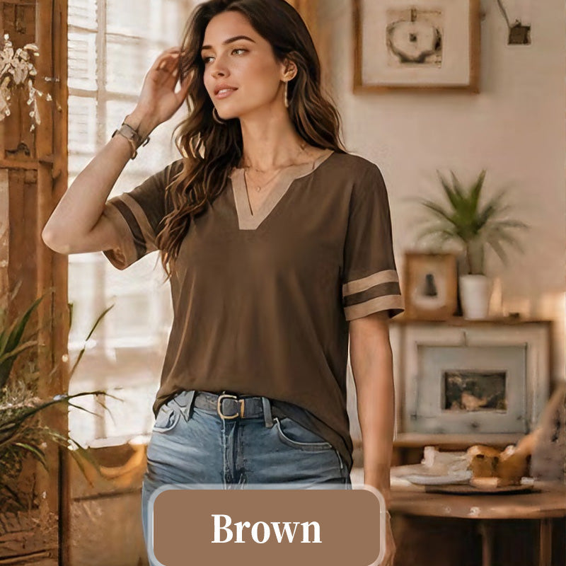 Women's V-Neck Short Sleeve Fitted Cotton Blend Striped Breathable for Daily Wear