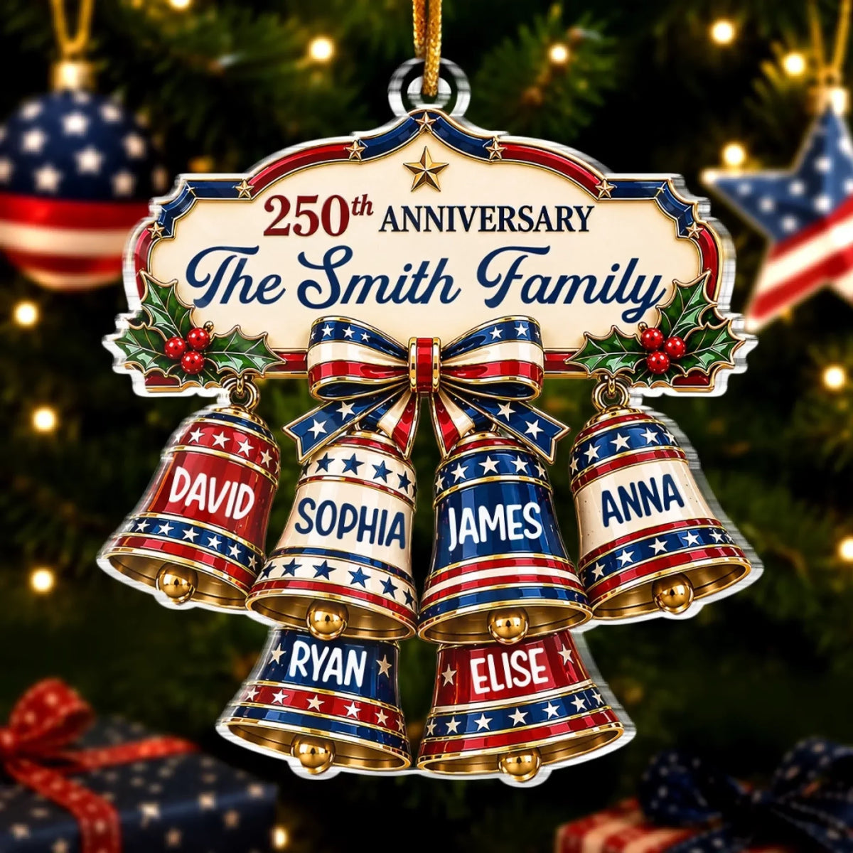 Custom Acrylic Ornament - Personalized America 250th Anniversary Christmas Gifts For Mom, Dad, Brother, Sister - Our Christmas Bell Family