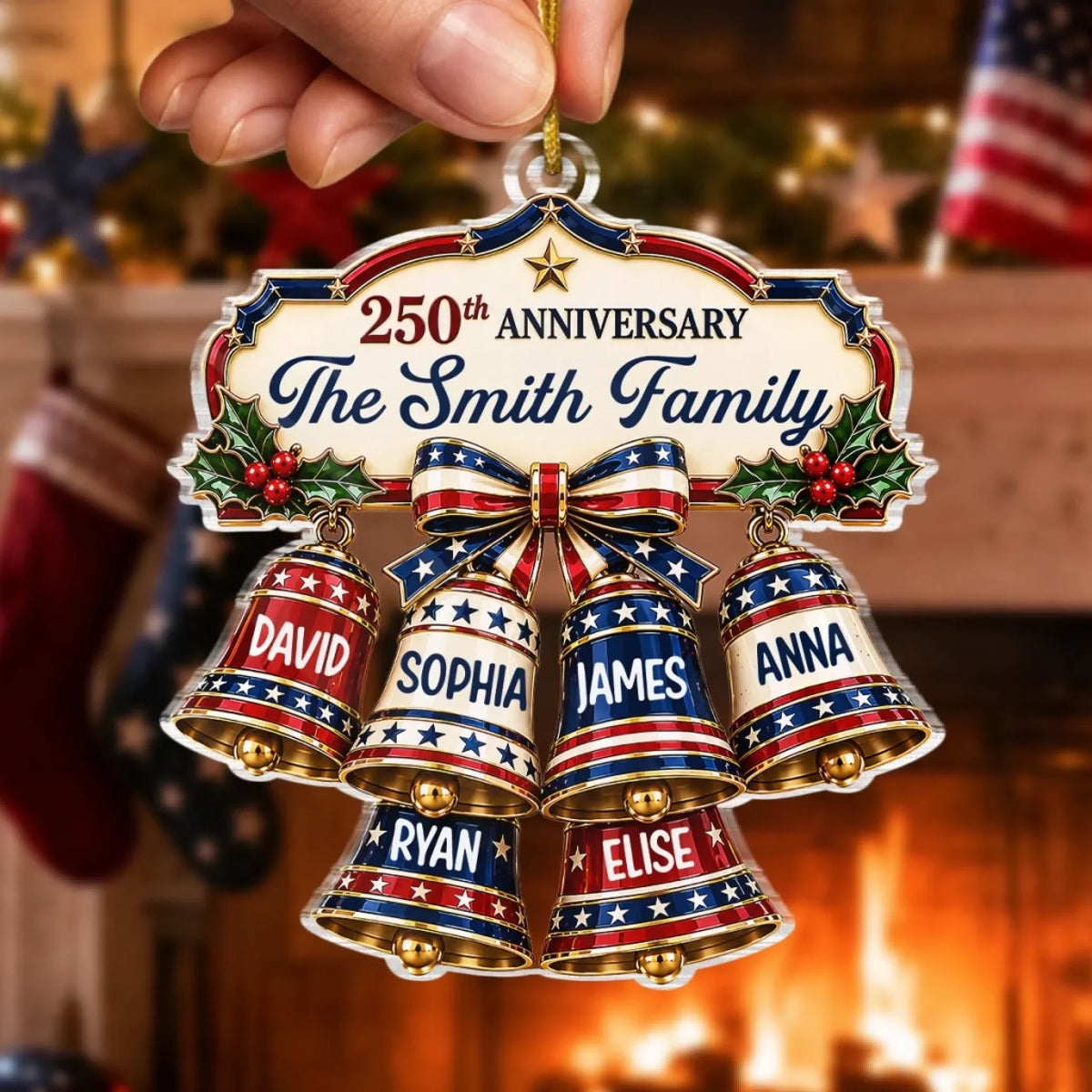 Custom Acrylic Ornament - Personalized America 250th Anniversary Christmas Gifts For Mom, Dad, Brother, Sister - Our Christmas Bell Family