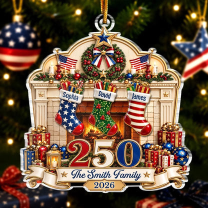 Custom Acrylic Ornament - Personalized America 250th Anniversary Christmas Gifts For Mom, Dad, Brother, Sister - Our Family, Our Tradition