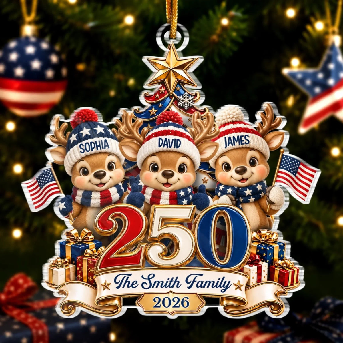 Custom Acrylic Ornament - Personalized America 250th Anniversary Christmas Gifts For Mom, Dad, Brother, Sister - Christmas Cheer Starts Here