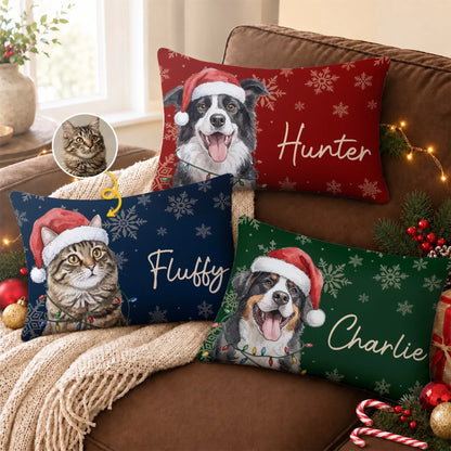 Custom Photo Woven Pillow - Personalized Christmas Birthday Gifts For Dog Cat Lovers, Dog Dad And Mom, Cat Owners - Furry Christmas Friends