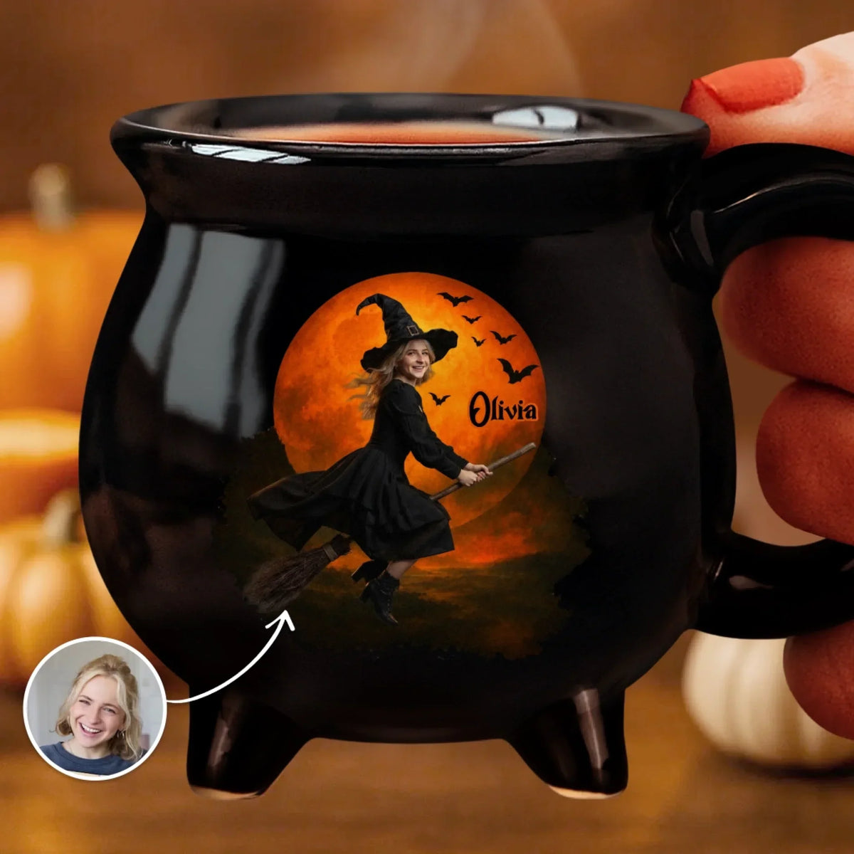 Custom Photo Witchy 12oz Ceramic Cauldron Coffee Mug - Personalized Halloween Gifts For Witch, Wife, Daughter, Besties, Sisters, Granddaughter, Grandma, Mom, Yourself - Fueled By Moonlight