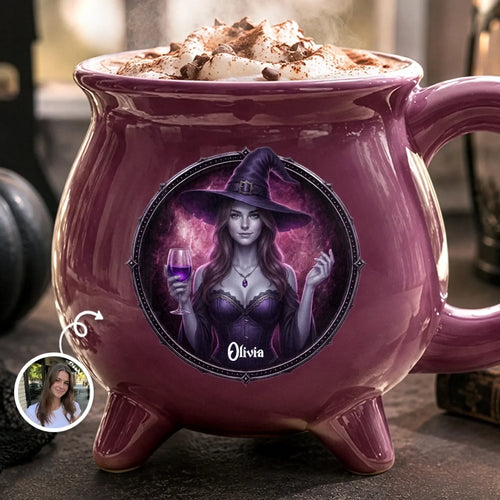 Custom Photo Gothic Witchy Cauldron Coffee Mug - Personalized Halloween Gifts For Witch, Wife, Daughter, Besties, Sisters, Granddaughter, Grandma, Mom, Yourself - Spooky Magic In The Air