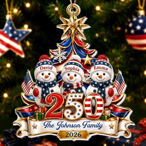 Custom Snowman Premium 3D Ornament - Personalized America 250th Anniversary Christmas Gifts For Mom, Dad, Brother, Sister - United In Holiday Cheer
