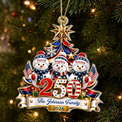 Custom Snowman Premium 3D Ornament - Personalized America 250th Anniversary Christmas Gifts For Mom, Dad, Brother, Sister - United In Holiday Cheer