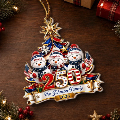 Custom Snowman Premium 3D Ornament - Personalized America 250th Anniversary Christmas Gifts For Mom, Dad, Brother, Sister - United In Holiday Cheer