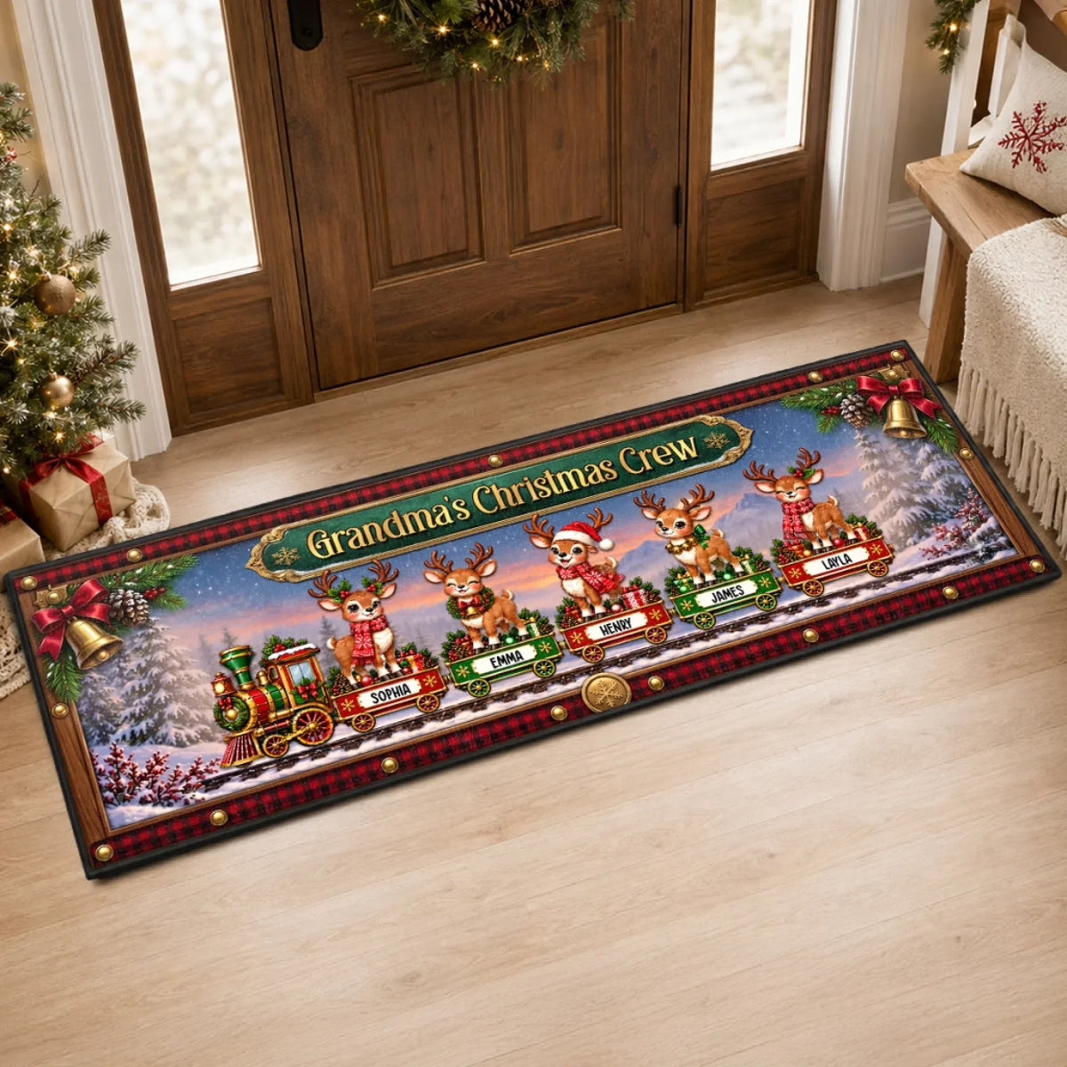 Custom Reindeer Runner Rug - Personalized Christmas Birthday Gifts For Grandma, Grandpa - Festive Family Journey Begins