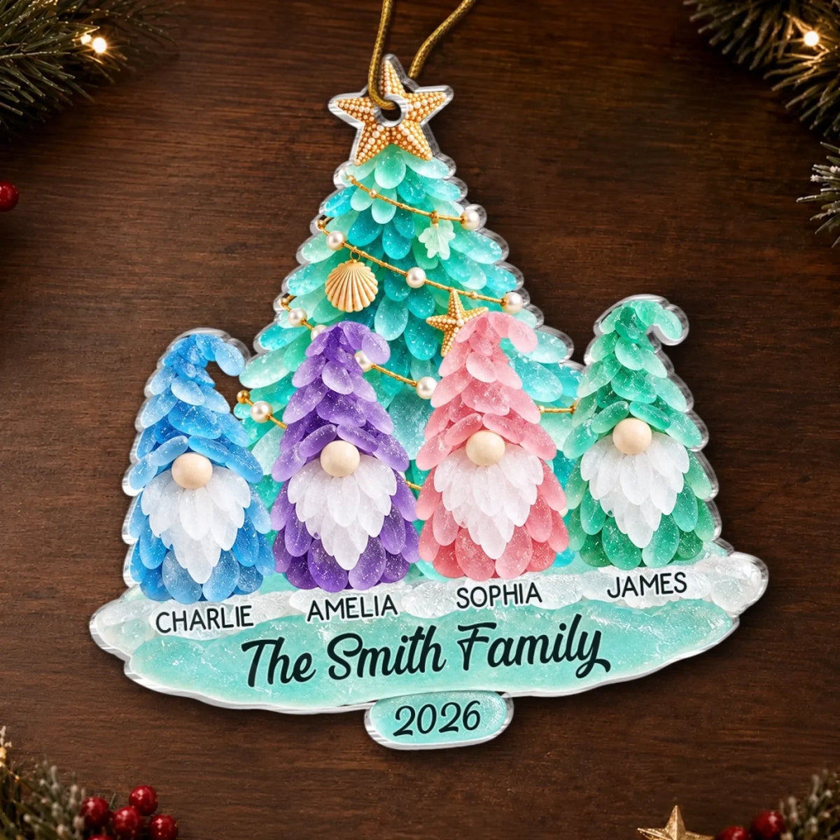 Custom Sea Glass Acrylic Ornament - Personalized Christmas Birthday Gifts For Mom, Dad, Brother, Sister - Holiday Magic By The Sea