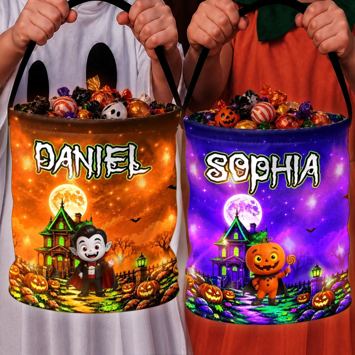 Custom LED Light Bucket Bag - Personalized Halloween Birthday Gifts For Kids - Spooky Sweet Night Of Fun