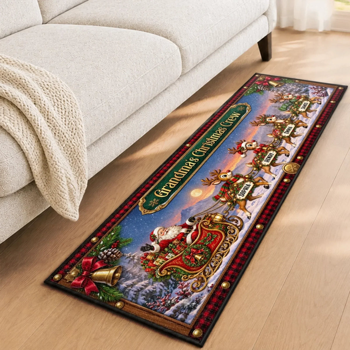 Custom Reindeer Runner Rug - Personalized Christmas Birthday Gifts For Grandma, Grandpa - Santa’s Reindeer Crew Arrive
