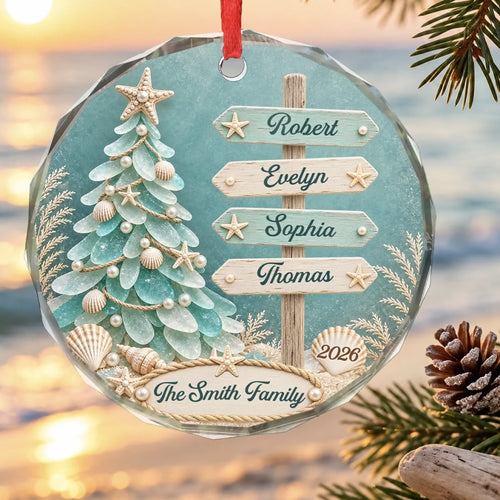 Custom Sea Glass Circle Glass Ornament - Personalized Christmas Birthday Gifts For Mom, Dad, Brother, Sister - Making Waves Of Family Joy