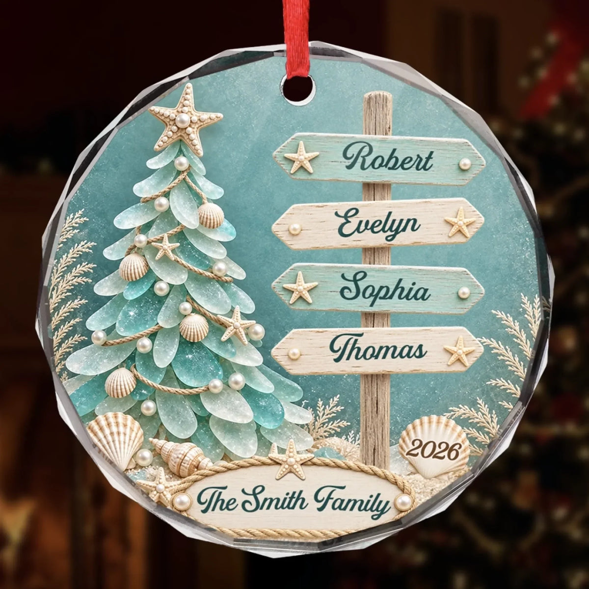 Custom Sea Glass Circle Glass Ornament - Personalized Christmas Birthday Gifts For Mom, Dad, Brother, Sister - Making Waves Of Family Joy