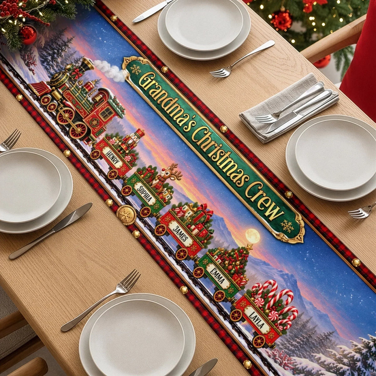 Custom Table Runner - Personalized  Christmas Birthday Gifts For Grandma, Grandpa - Cozy Season, Happiest Crew