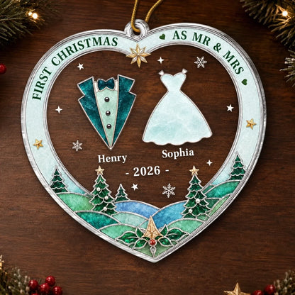 Custom First Christmas Acrylic Ornament - Personalized Anniversary Christmas Wedding Gifts For Husband And Wife, Him And Her - Cozy Newlywed Christmas Era