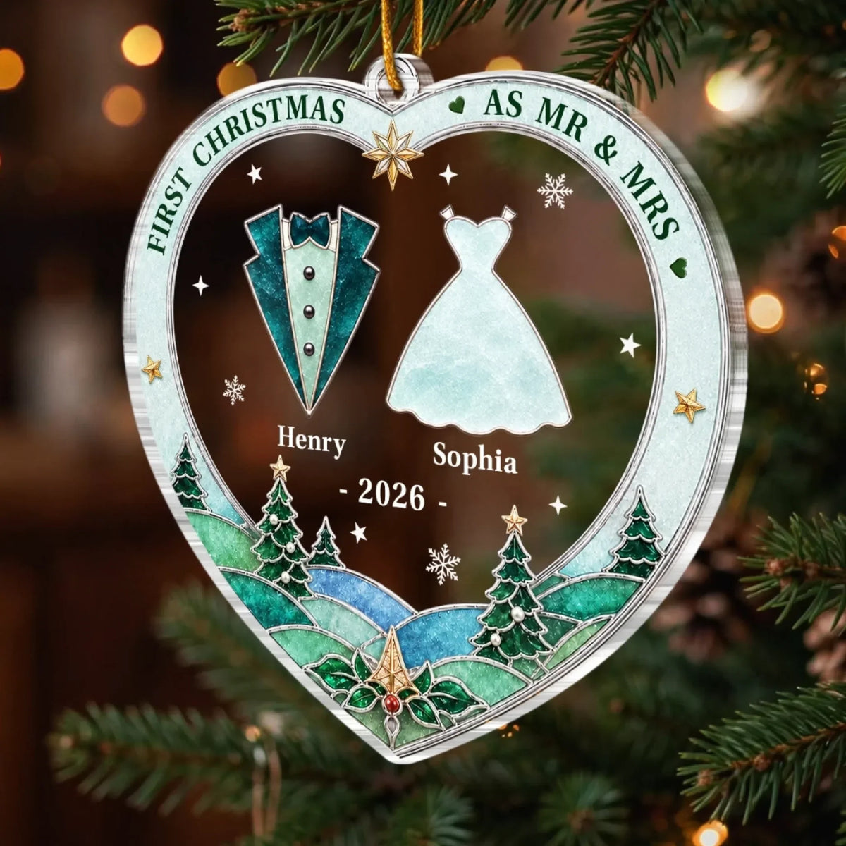 Custom First Christmas Acrylic Ornament - Personalized Anniversary Christmas Wedding Gifts For Husband And Wife, Him And Her - Cozy Newlywed Christmas Era