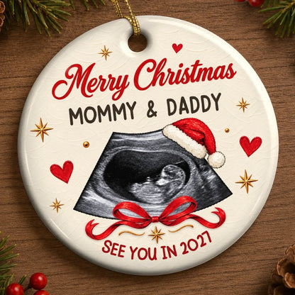 Custom Photo First Christmas Ceramic Ornament - Personalized Christmas Baby Shower, Gender Reveal Gifts For New Moms, New Dads, New Parents - Our Littlest Holiday Joy