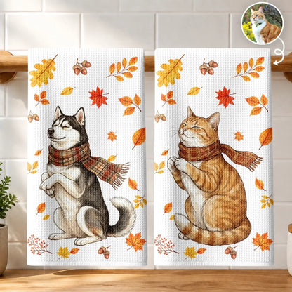 Custom Photo Kitchen Towel - Personalized Birthday Gifts For Dog Cat Lovers, Dog Dad And Mom, Cat Owners - Paws In The Leaves