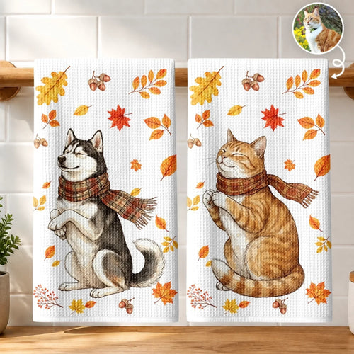 Custom Photo Kitchen Towel - Personalized Birthday Gifts For Dog Cat Lovers, Dog Dad And Mom, Cat Owners - Paws In The Leaves