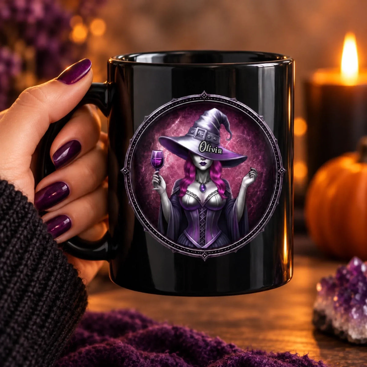 Custom Witchy Black Mug - Personalized Halloween Gifts For Witch, Wife, Daughter, Besties, Sisters, Granddaughter, Grandma, Mom, Yourself - Magic Runs In My Veins