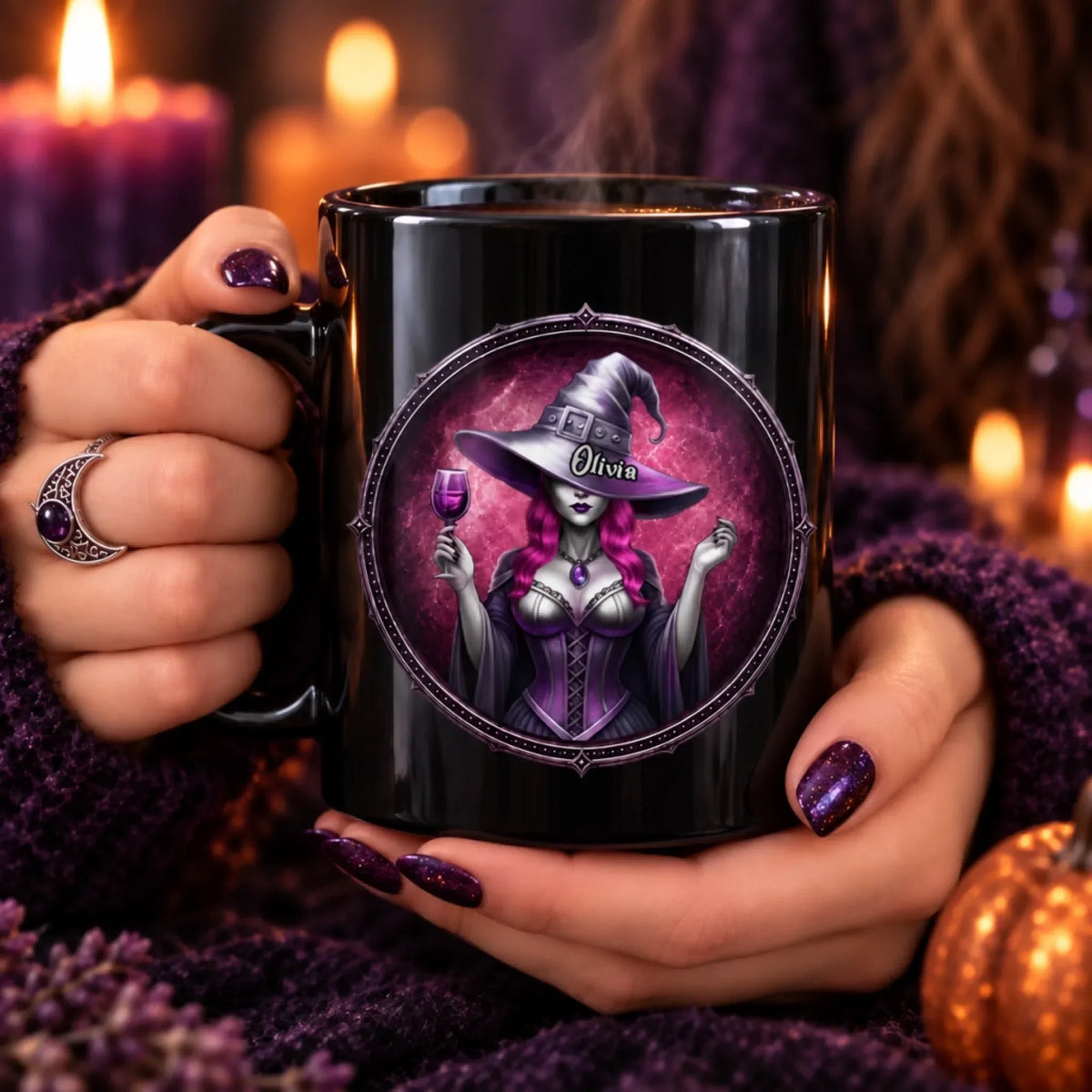 Custom Witchy Black Mug - Personalized Halloween Gifts For Witch, Wife, Daughter, Besties, Sisters, Granddaughter, Grandma, Mom, Yourself - Magic Runs In My Veins
