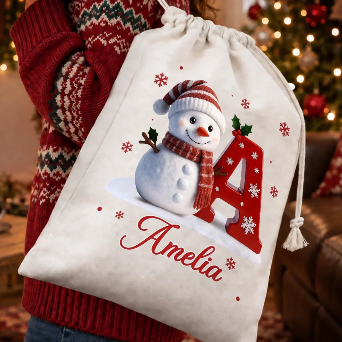 Custom Snowman Drawstring Gift Bag - Personalized Christmas Birthday Gifts For Mom, Dad, Brother, Sister - Chilly Days Warm Happy Smiles